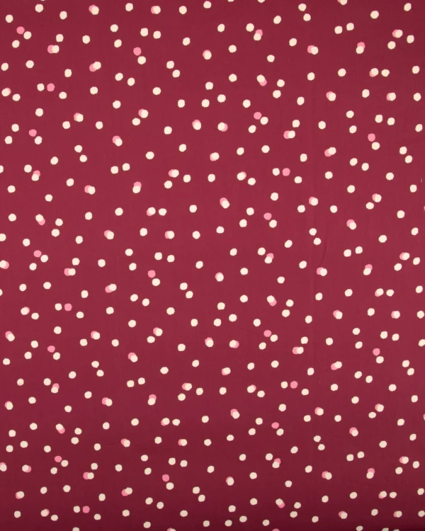 Printed Viscose Dobby Fabric – Maroon Polka Dot Scatter Pattern | 150₹/M