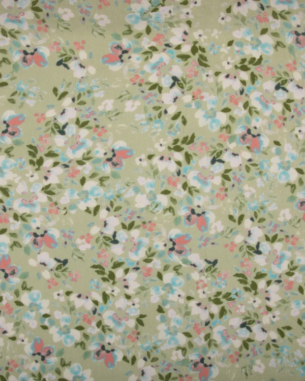 Printed Viscose Crepe Fabric – Pastel Green Base with Soft Multicolor Floral Pattern | 150₹/M