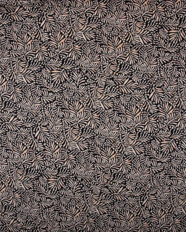 Printed 30s Rayon Fabric Black Beige Leaf & Dot Design | 199₹/M