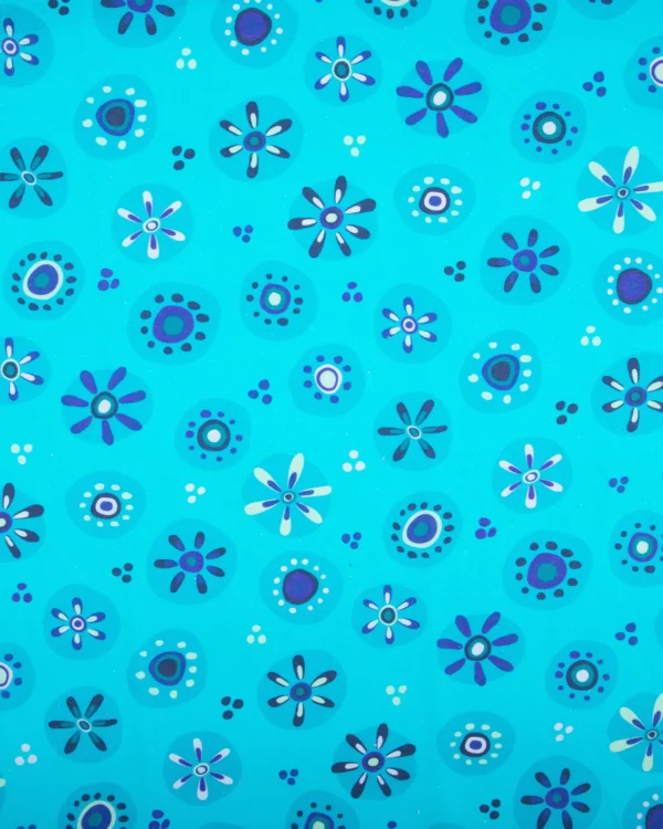 Printed Cotton Linen (Aqua Blue Retro Floral Dot Pattern) 125₹/M