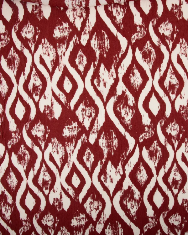 Rust Red & Ivory Abstract Ikat Printed Rayon Crepe Fabric | 199₹/M