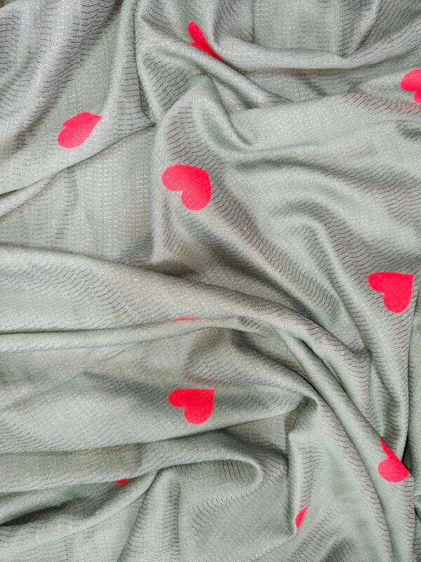 Green Viscose Dobby Printed Fabric with Red Heart Motif
