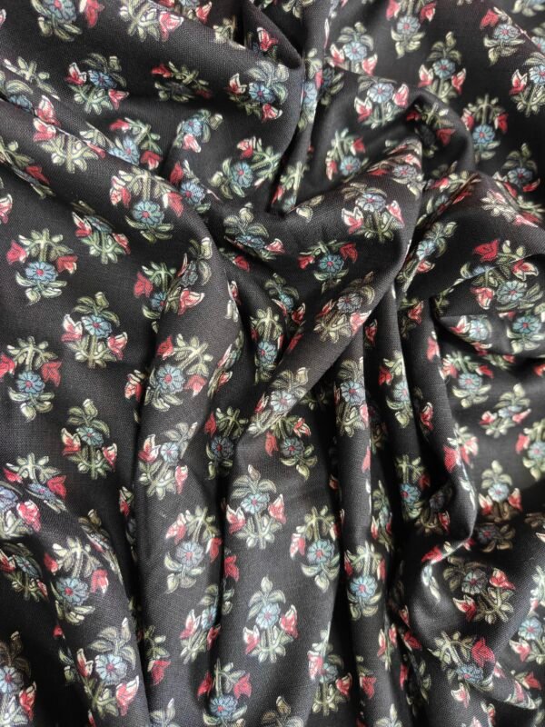 Black Rayon Slub Floral Printed Fabric