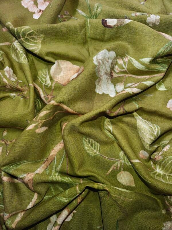 Olive Green Botanical Printed Organic Cotton Slub Fabric