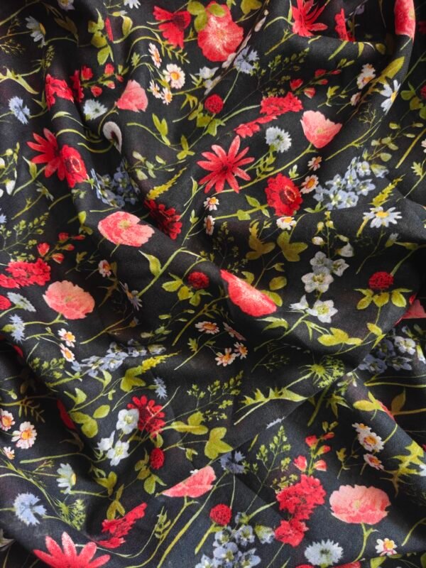 Black Floral Printed Cotton Voile Fabric