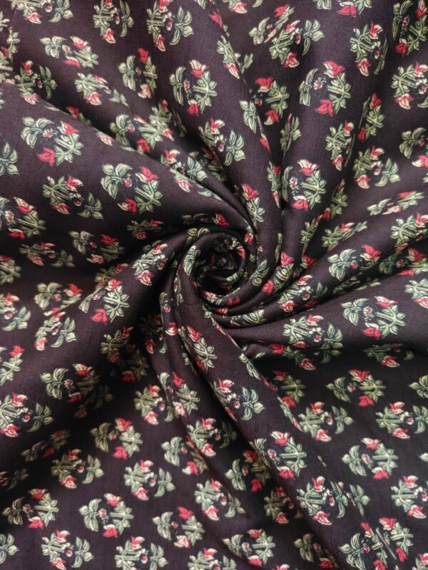 Black Floral Printed Rayon Slub Fabric