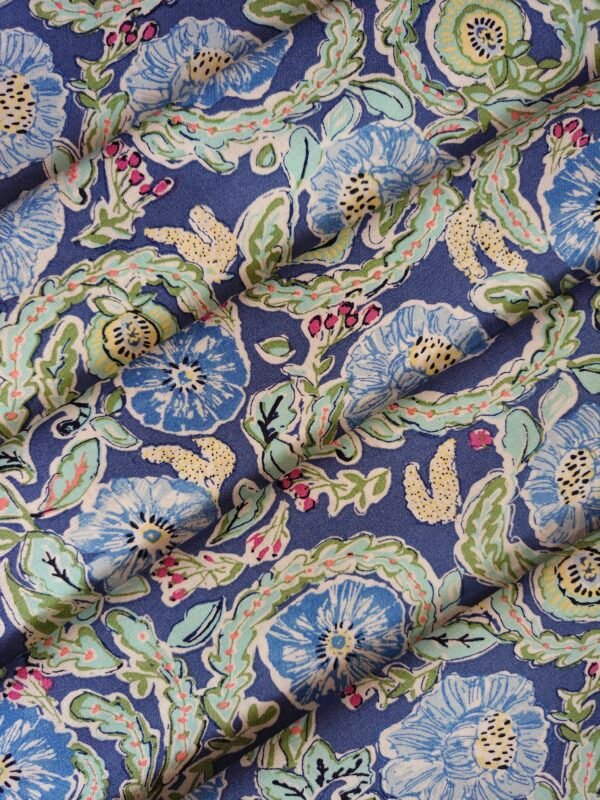 Blue Paisley Floral Printed Cotton Slub Fabric
