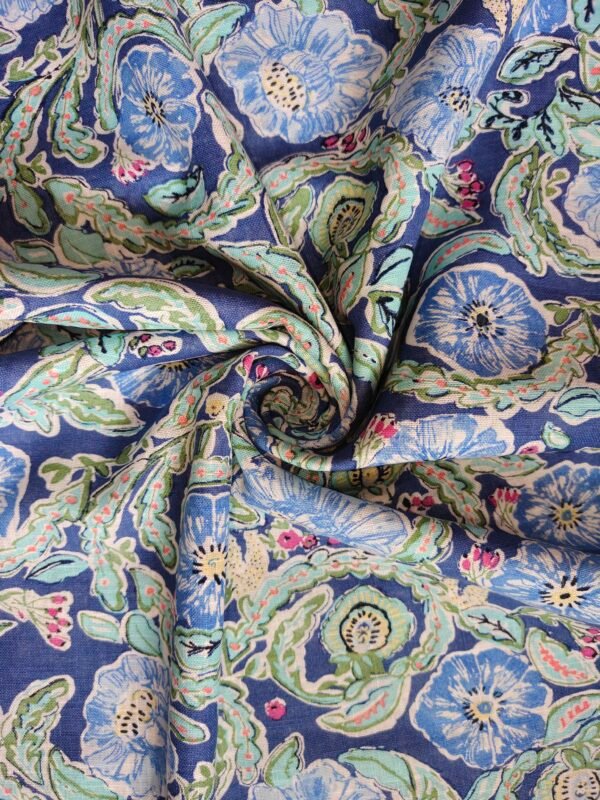 Blue Paisley Floral Printed Viscose Linen Fabric